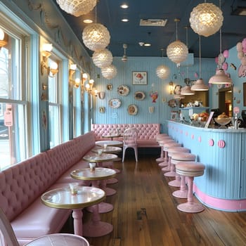 Whimsical ice cream parlor with pastel colors and vintage decor