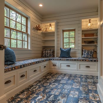 Modern farmhouse mudroom with storage benches and shiplap walls.