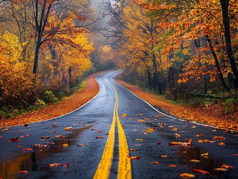 Scene of empty road leading through colorful autumn forest, suggesting travel and seasons.