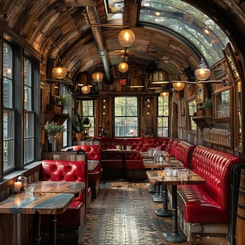 Vintage train-themed restaurant with booth seating in old carriages.