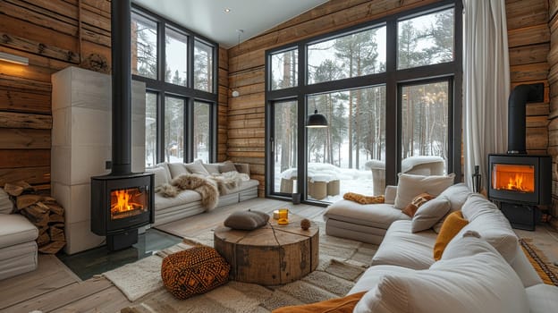 Scandinavian cabin with a wood stove and minimalist furnishings.