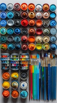 Set of art supplies neatly arranged, representing creativity and arts.