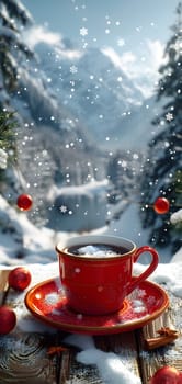 A coffee cup on a saucer placed on a tableware against the backdrop of a snowy mountain, creating a serene and picturesque scene