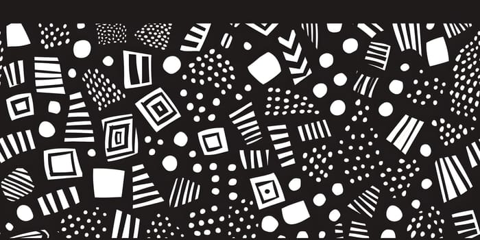 An illustration featuring a black and white pattern with geometric shapes and dots on a black background, resembling a circuit component design with symmetry and technology influences