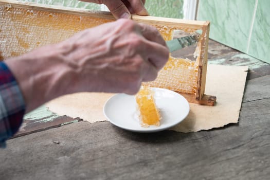 man cuts honeycombs from a honey frame with a knife for eating for tea, honey in honeycombs is good for the health of a pensioner, High quality photo