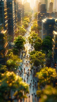 A group of individuals strolling along a city street lined with trees, amidst an urban landscape. The scene resembles a painting with a waterfall and water feature adding to the natural beauty