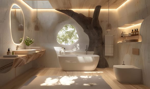 A bathroom with a tree planted in the middle, creating a unique interior design in a building. The hardwood flooring, wooden countertop, and arched ceiling complement the natural element