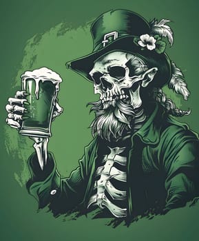 The fictional character of a skeleton leprechaun is depicted in a painting, wearing a green tshirt with a beer sleeve, and a headgear while holding a glass of beer