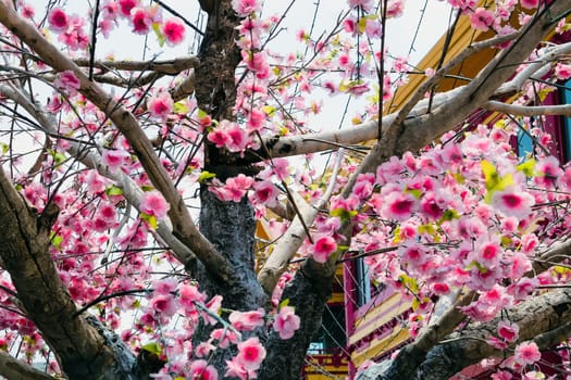 imitation flower, artificial Japanese cherry blossoms in full bloom. Beautiful flowers background.