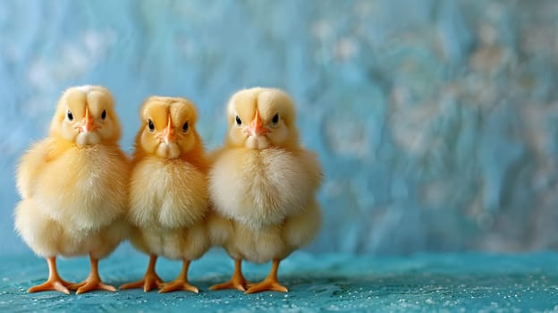 Three baby ducks with fluffy feathers and tiny beaks are standing together on a blue surface, showcasing the diversity of young waterfowl in the Phasianidae family