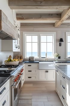 A kitchen with white cabinetry, stainless steel appliances, a sink, and a view of the ocean, designed with wood flooring and countertops, and a window overlooking the sea