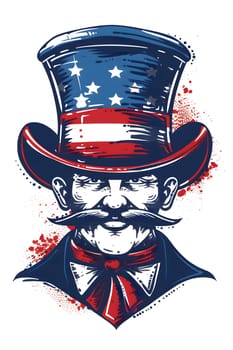 A man sporting a mustache is donning a top hat adorned with the American flag, creating a patriotic and stylish costume. The attire is a unique artful gesture