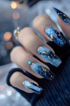 A closeup of a persons nails featuring a liquid electric blue nail polish design, showcasing intricate art and attention to nail care