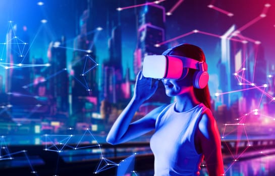 Female standing in cyberpunk style building in meta wear VR headset connecting metaverse, future cyberspace community technology, Woman raise right hand holding goggles looking faraway. Hallucination.