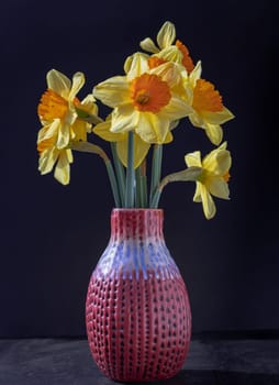 Bunch of daffodils in a red ceramic vase on a dark background. Arrangement of Yellow Spring Flowers Daffodils, Amazing dark background with Yellow flowers, Space for text, Selective focus.