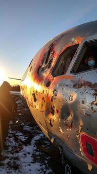 A figure wearing a mask poses in front of a wrecked airplane with the sky as a backdrop. The vehicle door is damaged, and automotive lighting casts a eerie glow on the scene