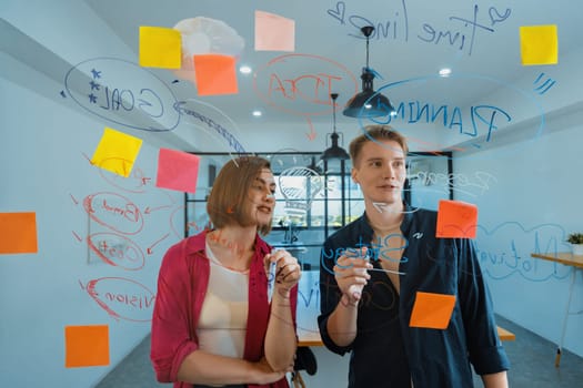 Couple of young creative start up business people brainstorming idea and solving problems by using sticky note and mind map at glass board, meeting room. discussing, working together. Immaculate.