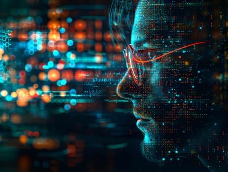 Cyber Professional: Serious Man in Glasses Surrounded by Futuristic Glow. The concept of virtual reality and cyberpunk. Ai generated
