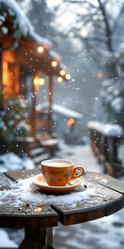 A coffee cup is placed on a wooden table in the snowy outdoors, surrounded by a serene winter landscape
