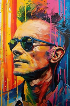 The comic colourful picture of the short hair male adult human head and has been wearing sunglasses with straight face yet picture fill with various colour that make picture fill with emotion. AIGX01.