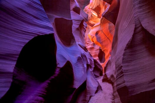 Bright hues of orange,magenta , yellow and blue come alive at Antelope Canyon, Arizona