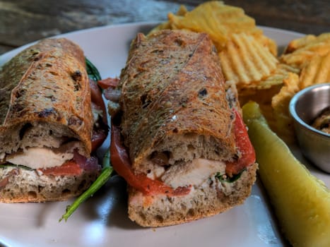 Side View of Chicken Pesto Baguette Sandwhich