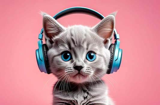 Adorable cartoon gray british kitten wearing stylish headphones on a pastel background. AI generated.