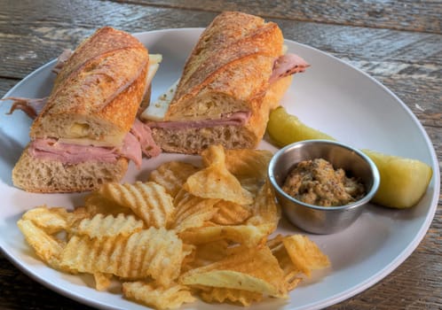 Side View of ham and cheese baguette
