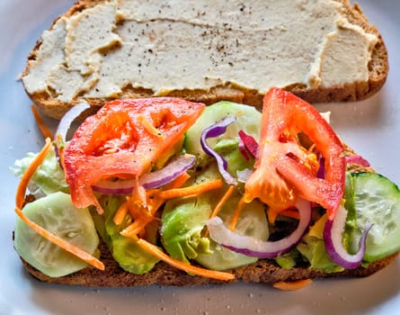 Top View of veggie sandwich open face with hummus