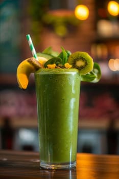 Refreshing healthy Kiwi green smoothie close up in a bar.