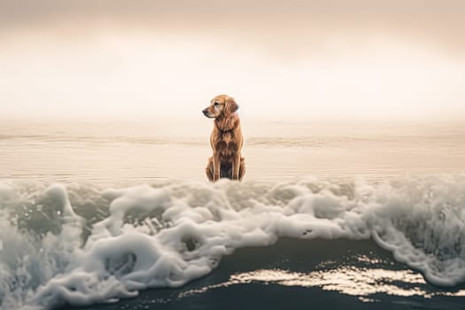 A dog is standing in the ocean with foam around it. The dog is looking out into the water