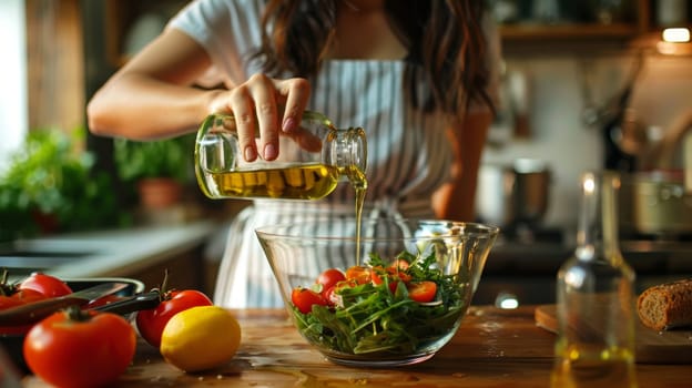 Unrecognizable young woman pouring olive oil in a healthy salad bowl in the kitchen at home.