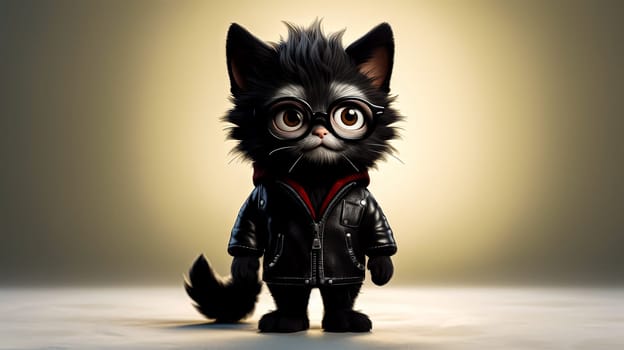 A cartoon cat wearing a leather jacket and glasses stands in front of a yellow background. The cat's outfit gives it a cool and stylish appearance