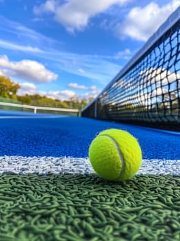 Close up of a tennis ball placed on the court next to the net.
