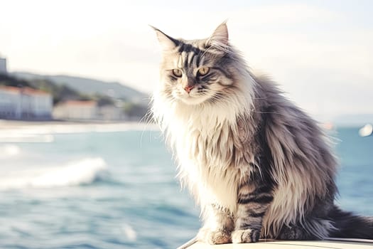 A cat with long fur is sitting on a ledge near the water. The cat appears to be staring off into the distance, possibly watching the waves or just enjoying the view. The scene has a calm