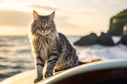 A cat is sitting on a rock near the ocean. The cat is looking out at the water, and the sun is setting in the background. The scene is peaceful and serene, with the cat enjoying the view of the ocean
