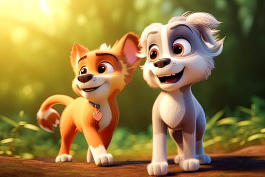 Two cartoon dogs are standing next to each other in a forest. One is orange and the other is gray