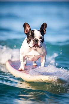 A dog is surfing on a surfboard in the ocean. The dog is wearing a harness and he is enjoying the ride. The image has a playful and fun mood, as it shows a dog engaging in a human activity