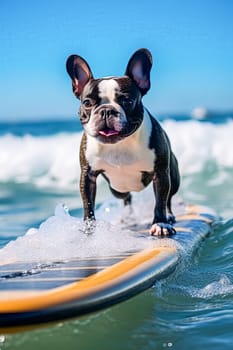 A dog is surfing on a surfboard in the ocean. The dog is wearing a harness and he is enjoying the ride. The image has a playful and fun mood, as it shows a dog engaging in a human activity