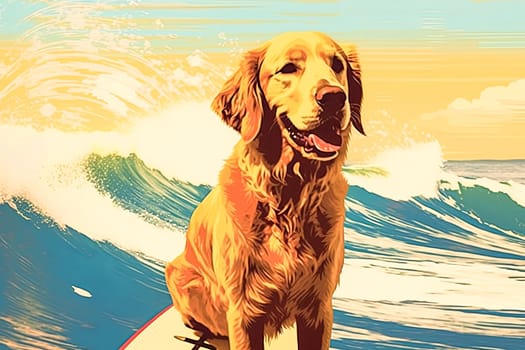 A dog is sitting on a surfboard with a blue collar. The dog is looking at the camera