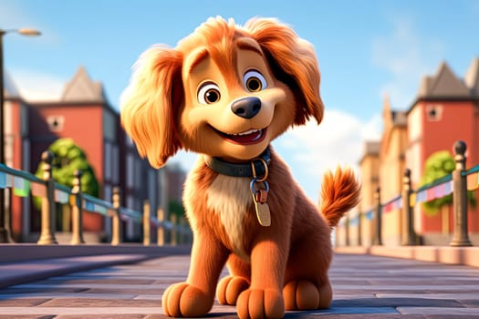 A cartoon dog is sitting on a sidewalk in front of a building. The dog is smiling and looking at the camera