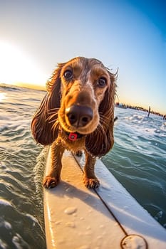 A dog is surfing on a surfboard in the ocean. The dog is wearing a pink shirt and he is enjoying the ride