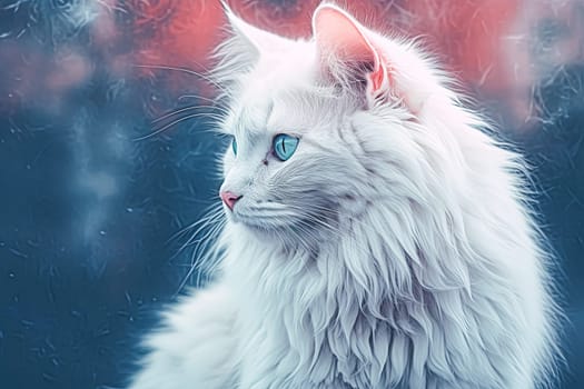 A cat with a green eye is painted in a colorful and vibrant style. The cat's fur is long and fluffy, and it is looking at the camera with a curious expression. Scene is playful and whimsical