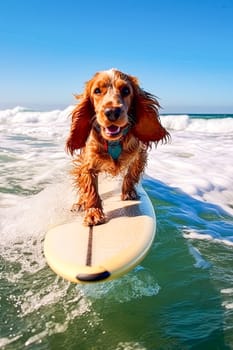 A dog is surfing on a surfboard in the ocean. The dog is wearing a pink shirt and he is enjoying the ride