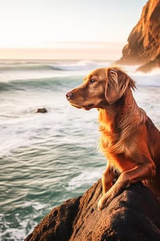 A dog is sitting on a surfboard with a blue collar. The dog is looking at the camera