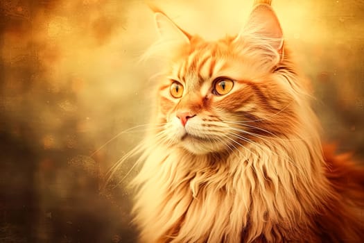 A cat with a green eye is painted in a colorful and vibrant style. The cat's fur is long and fluffy, and it is looking at the camera with a curious expression. Scene is playful and whimsical