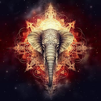 A large elephant with a red background and a star in the center. The elephant is surrounded by a lot of swirls and patterns