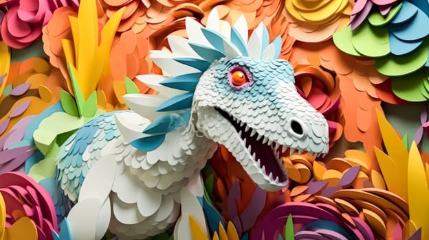 A paper dragon with a mouth open and a blue eye. The dragon is surrounded by colorful flowers and leaves