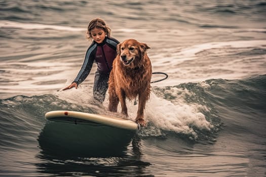 A dog is sitting on a surfboard in the ocean. The dog is happy and enjoying the water