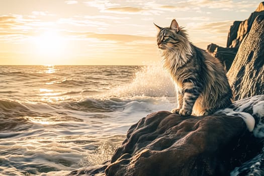 A cat is sitting on a rock near the ocean. The cat is looking out at the water, and the sun is setting in the background. The scene is peaceful and serene, with the cat enjoying the view of the ocean